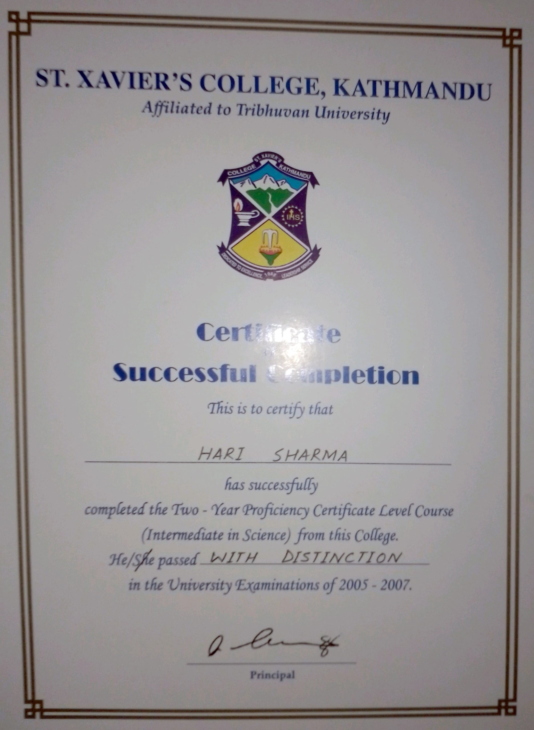 Certificate for being the college topper