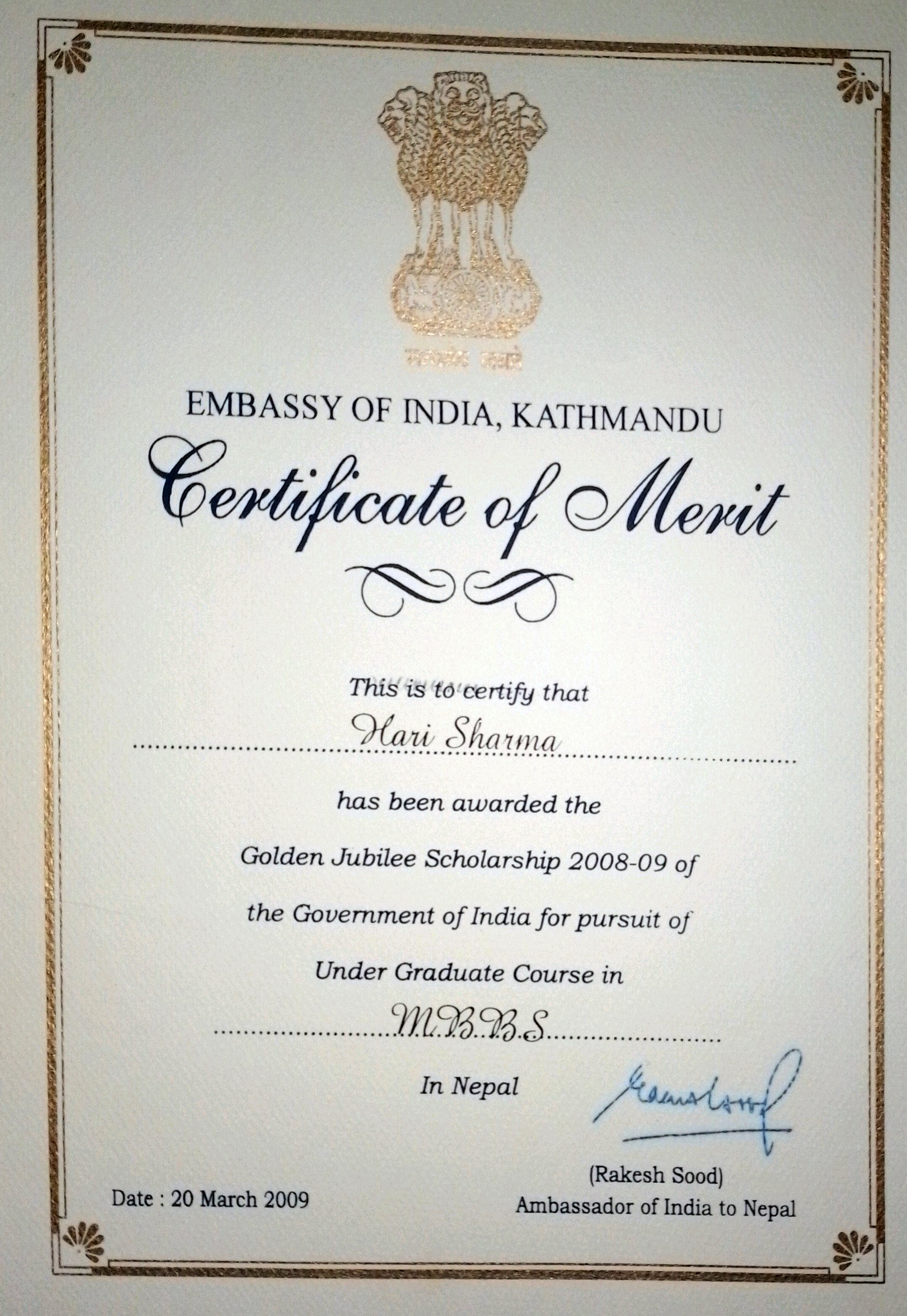 Golden jubilee scholarship by Indian Embassy